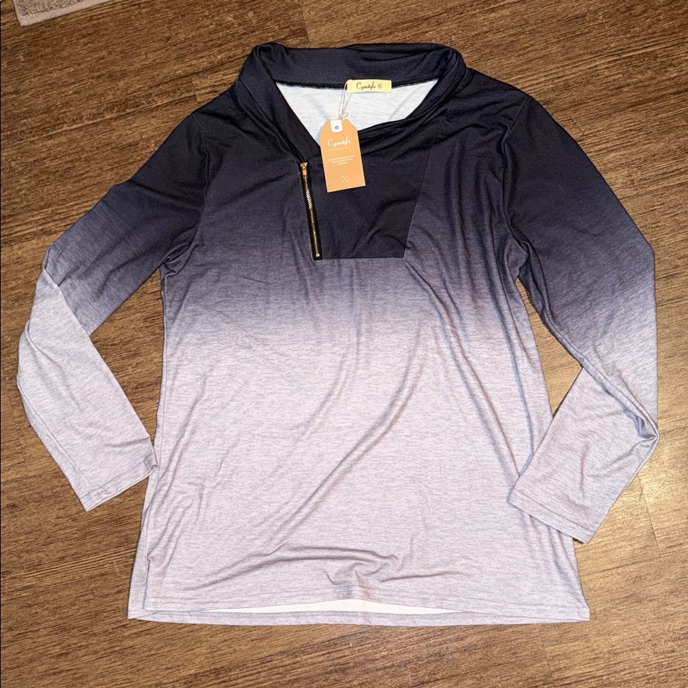 Ombre Navy-to-Light Gray Long Sleeve Zip-Neck Top